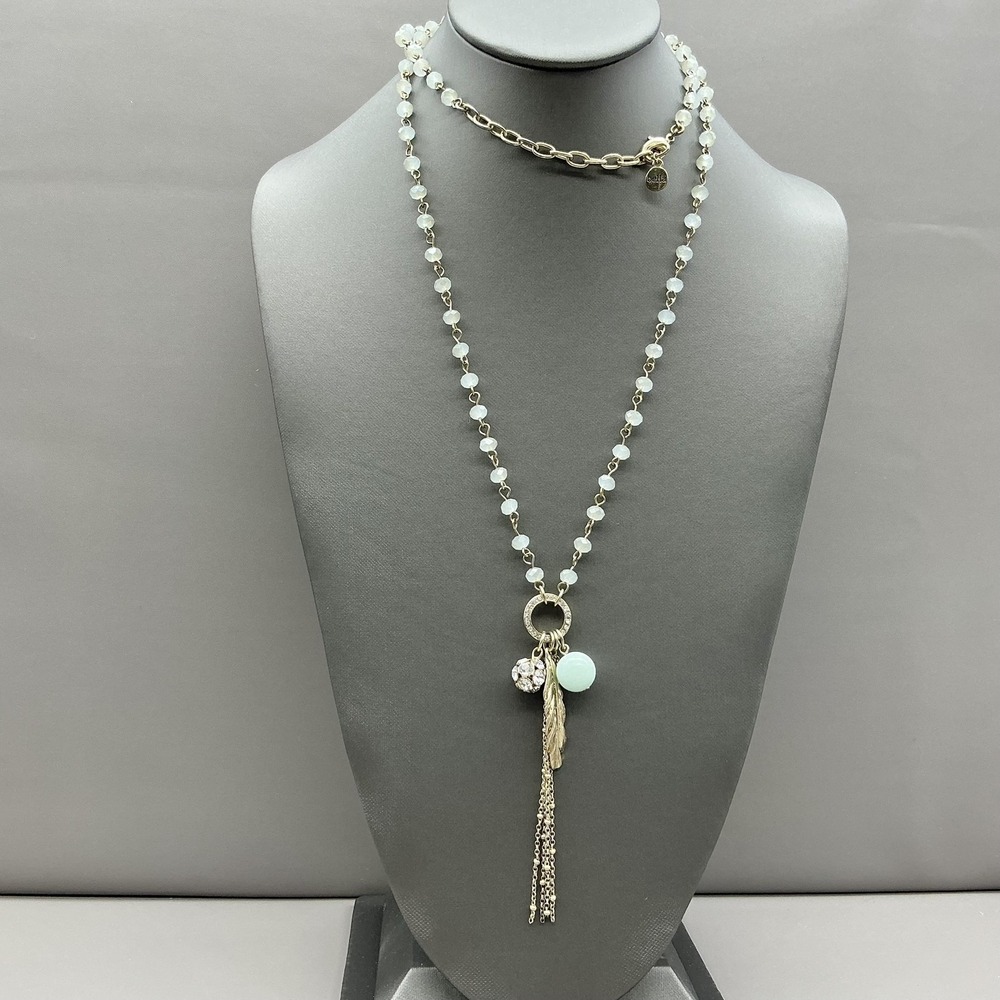 Bella Jack Necklace Gold Tone‎ Blue Beaded Long Leaf Pendant Tassel Boho Jewelry